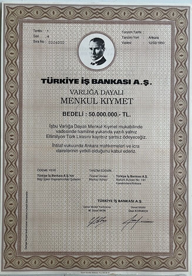 Hisse Senedi İş Bankası Menkul Kıymet 50.000.000 TL