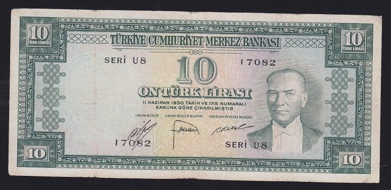 5.EMİSYON 2.TERTİP 10 LİRA U8 17082 ÇOK TEMİZ ( DÜZLEME VAR) eski para alan yerler