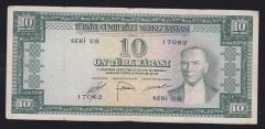 5.EMİSYON 2.TERTİP 10 LİRA U8 17082 ÇOK TEMİZ ( DÜZLEME VAR) eski para alan yerler