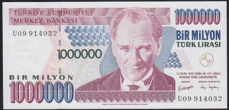 7.EMİSYON 3.TERTİP 1 000 000 LİRA U09 914032 ÇİLALTI ÇİL eski kağıt paralar nereye satılır