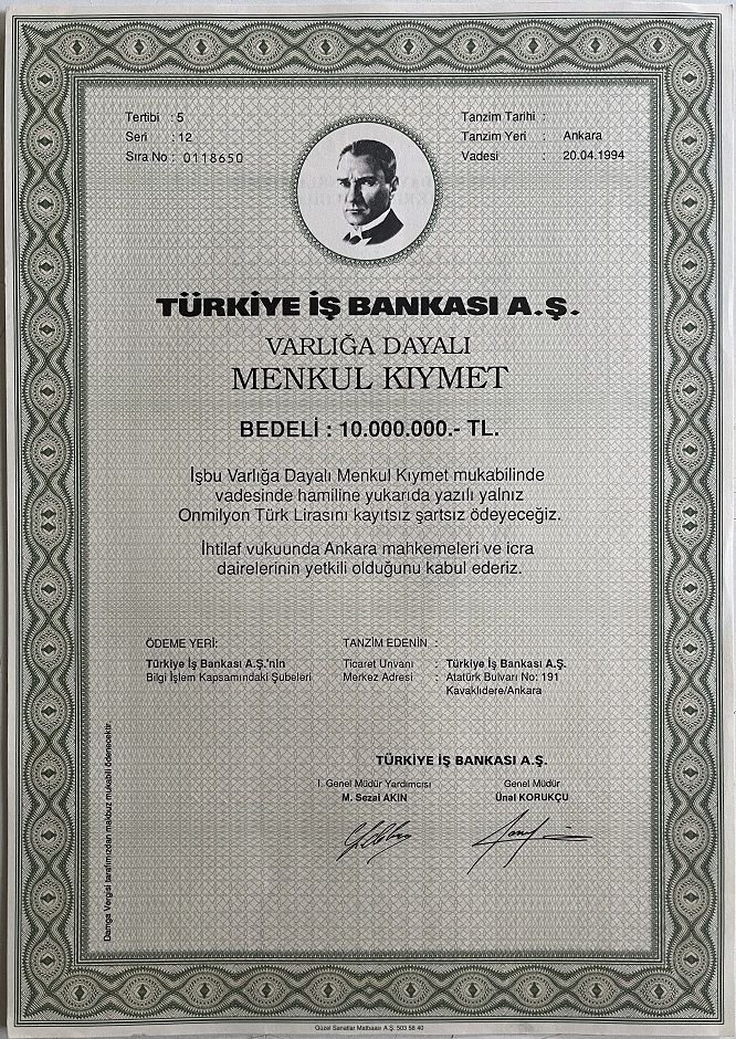 Hisse Senedi İş Bankası Menkul Kıymet 10.000.000 TL