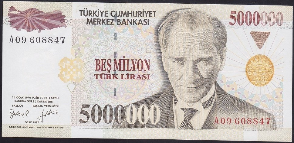 7.Emisyon 5 000 000 LİRA A09 608847 Çilaltı Çil