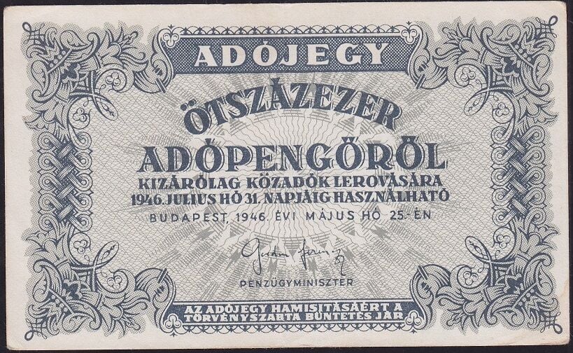 Macaristan 500.000 Adopengo 1946 Çok Çok Temiz+