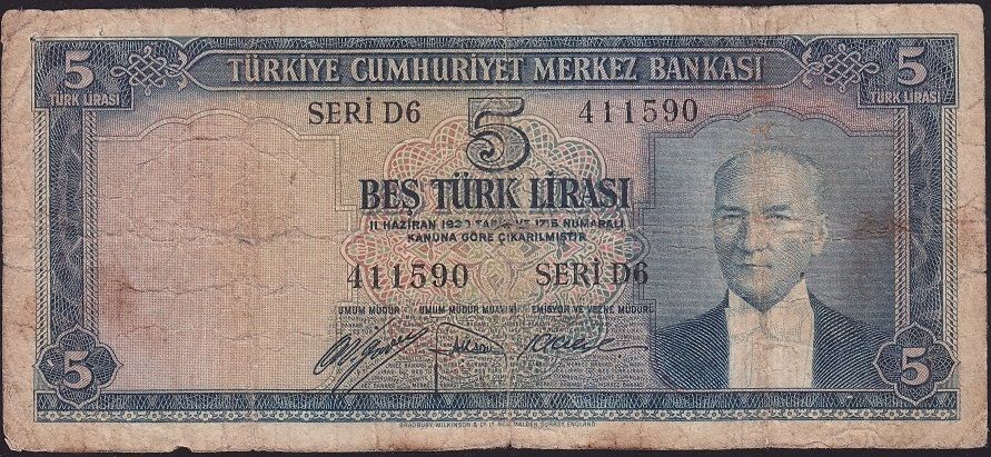 5.Emisyon 1.Tertip 5 Lira D6 411590 Temiz