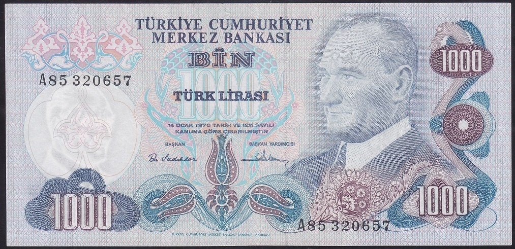 6.EMİSYON 1.TERTİP 1000 LİRA A85 320657 ÇÇT (YIKAMA VAR)