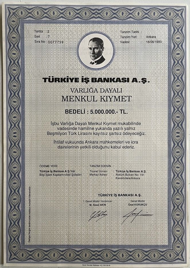 Hisse Senedi İş Bankası Menkul Kıymet 5.000.000 TL