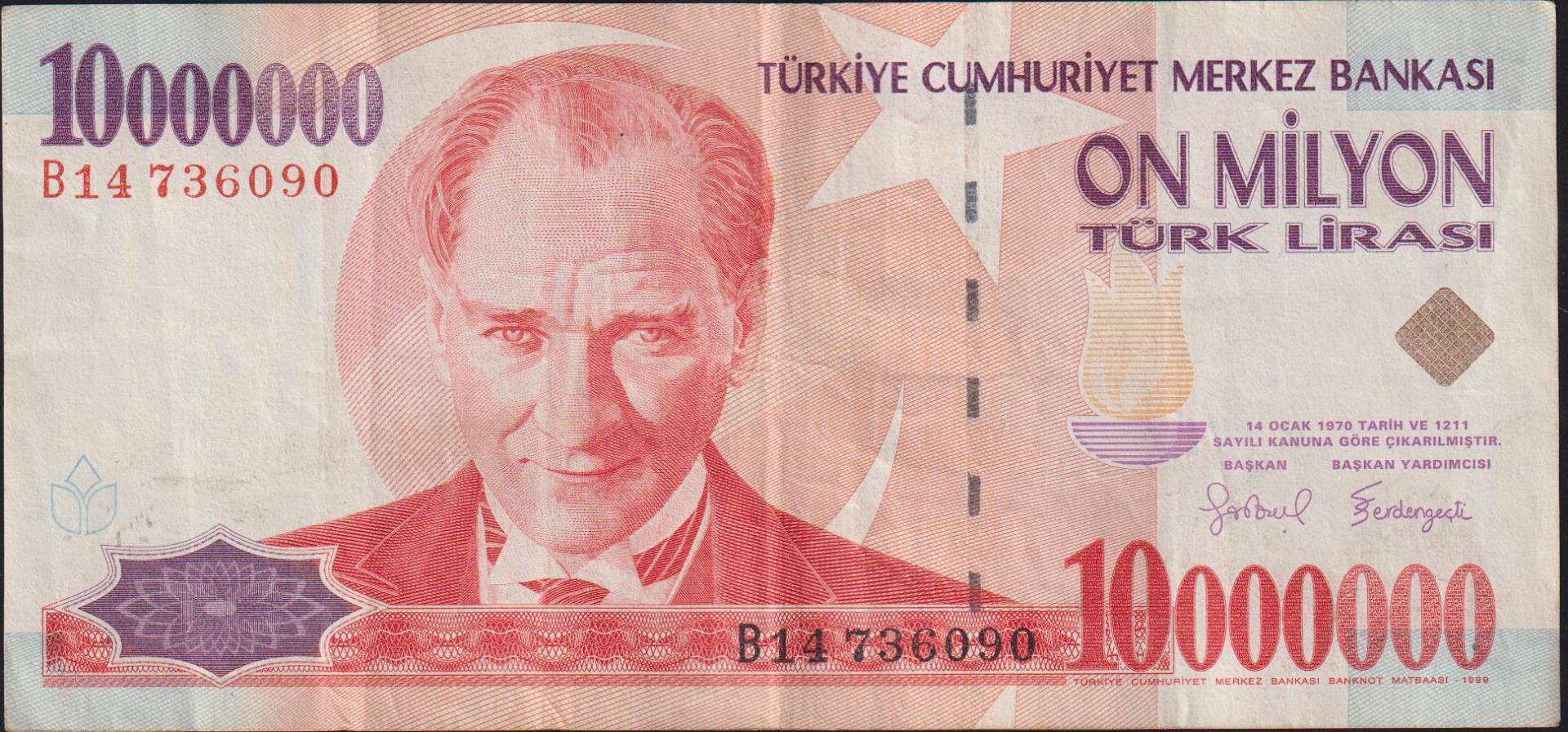 7.Emisyon 10 000 000 Lira B14 736090 Çok Temiz+