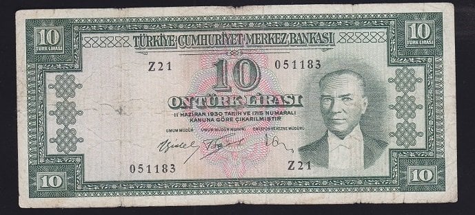 5.EMİSYON 4.TERTİP 10 LİRA Z21 051183 TEMİZ ( YIKAMA VAR ) eski para