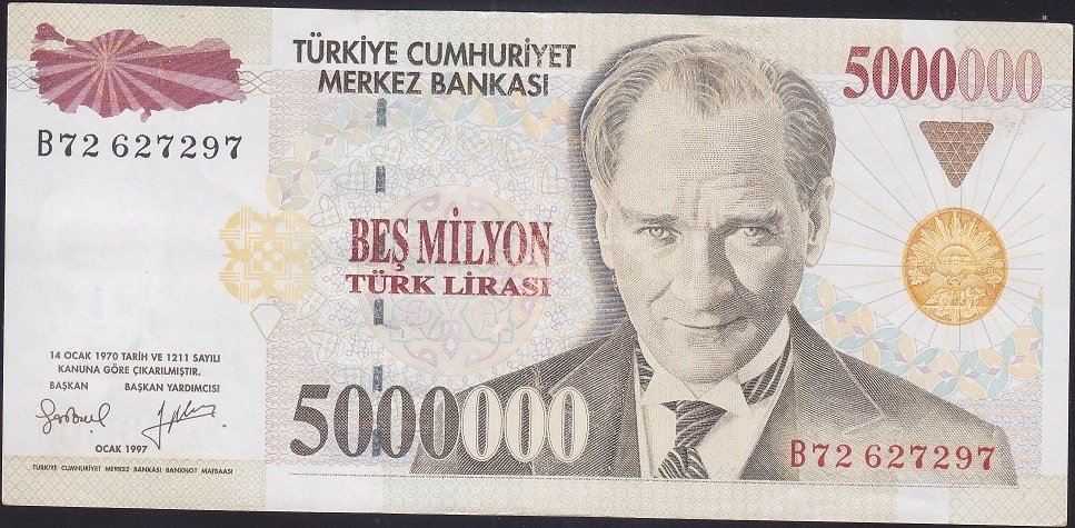 7.Emisyon 5 000 000 LİRA B72 627297 Çok Çok Temiz Çilaltı