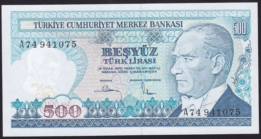 7.Emisyon 1.Tertip 500 Lira A74 941075 Çil