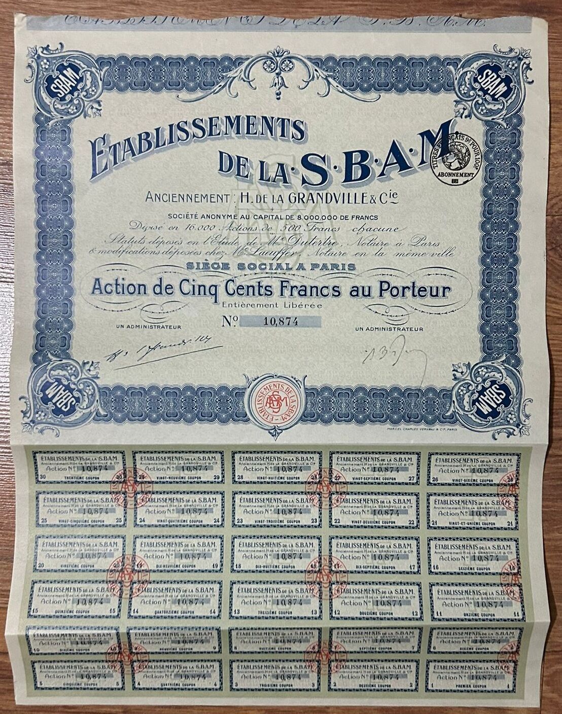 Hisse Senedi - Etablissements De La SBAM 1920 li Yıllar( 42 X 31 cm )