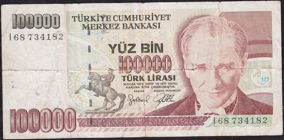 7.Emisyon 3.Tertip 100000 Lira I68 734182 Çok Temiz