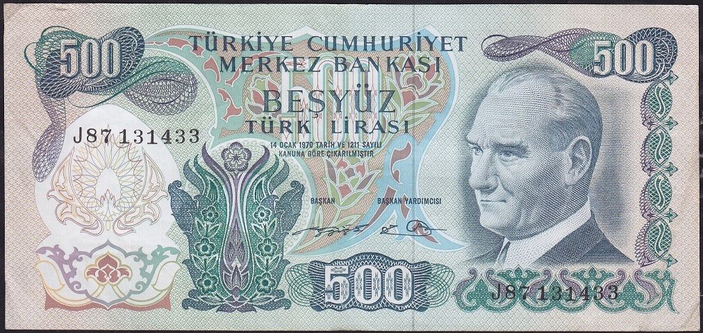 6.Emisyon 2.Tertip 500 Lira J87 131433 Çok Temiz+