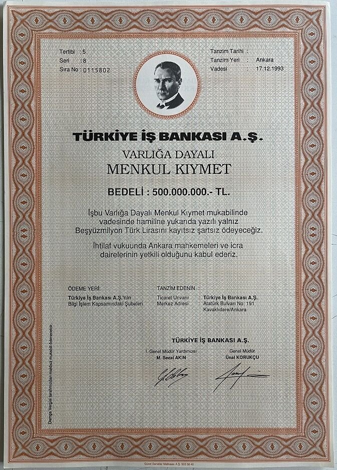 Hisse Senedi İş Bankası Menkul Kıymet 500.000.000 TL