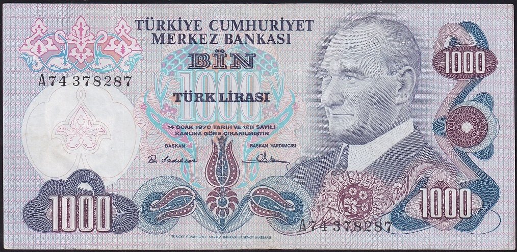 6.Emisyon 1.Tertip 1000 Lira A74 378287 Çok Temiz+