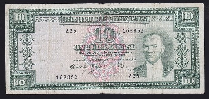 5.EMİSYON 4.TERTİP 10 LİRA Z25 163852 TEMİZ ( YIKAMA VAR ) ESKİ PARA ALAN YERLER