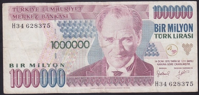 7.EMİSYON 2.TERTİP 1 000 000 LİRA H34 628375 ÇOK TEMİZ eski kağıt para değerleri