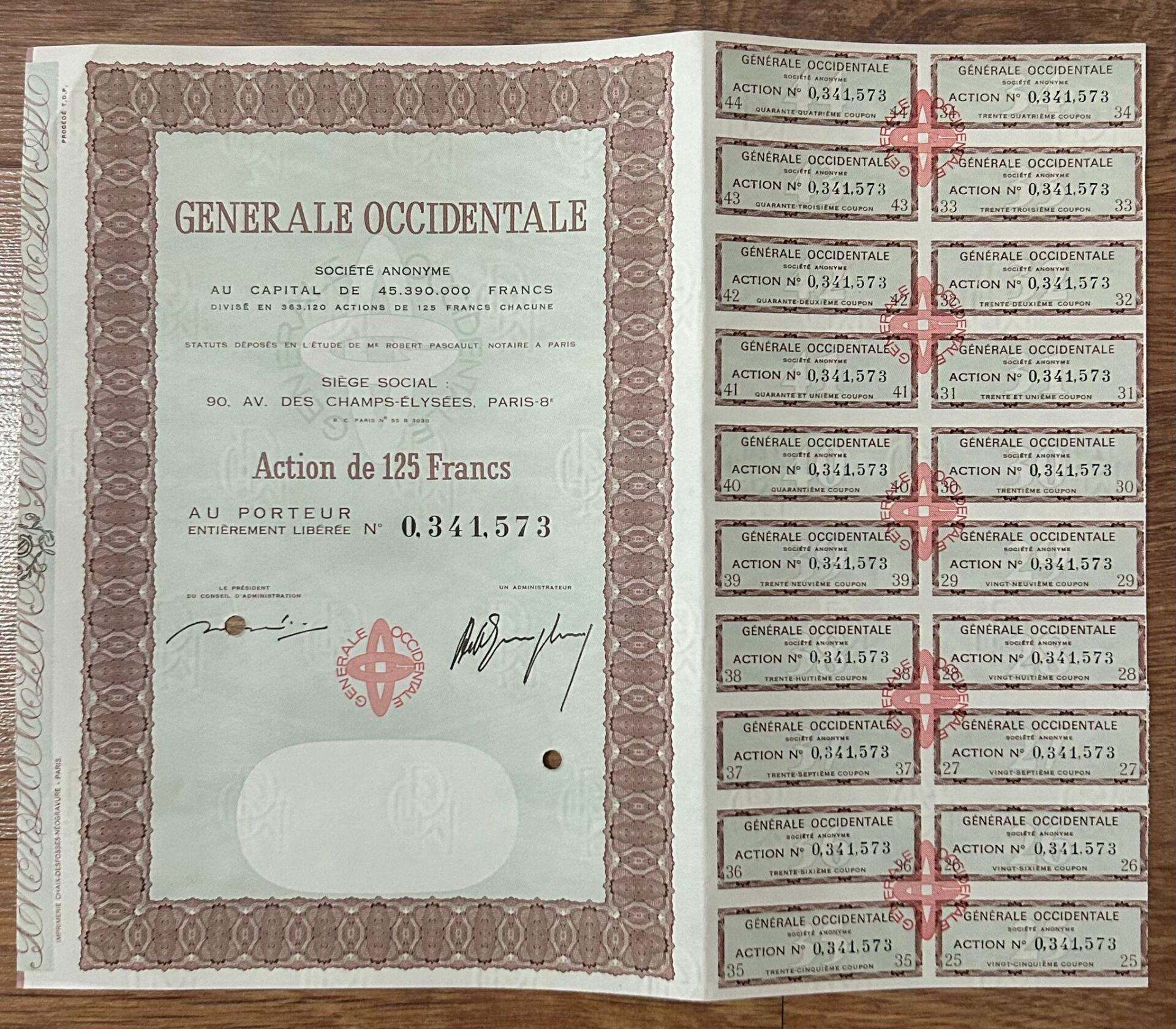 Hisse Senedi - GENERALE OCCİDENTALE  ( 32.5 X 27 cm )