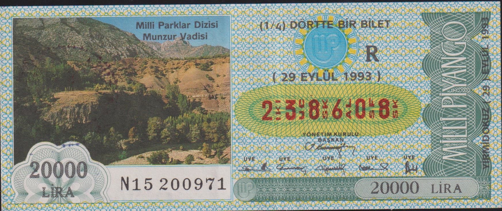 1993 29 Eylül Çeyrek Bilet - R Serisi - Munzur Vadisi