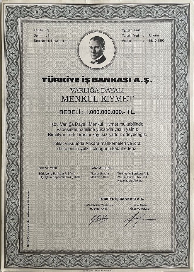 Hisse Senedi İş Bankası Menkul Kıymet 1.000.000.000 TL