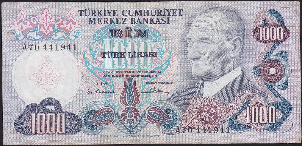 6.Emisyon 1.Tertip 1000 Lira A70 441941 Çok Temiz+