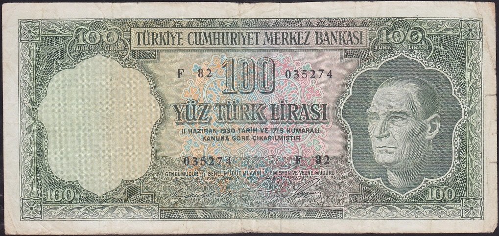 5.Emisyon 6.tertip 100 lira F82 035274 Çok Temiz