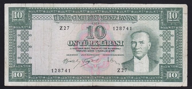 5.EMİSYON 4.TERTİP 10 LİRA Z27 128741 TEMİZ ( YIKAMA VAR )
