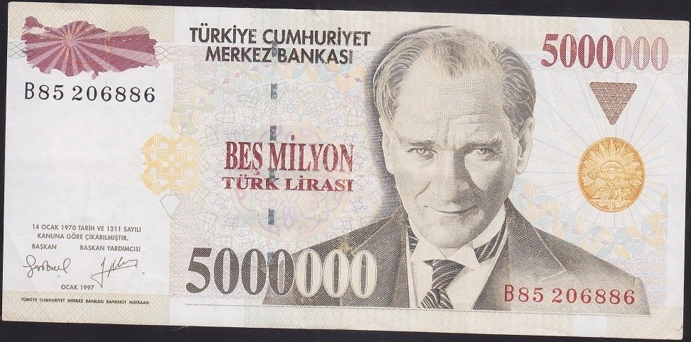 7.Emisyon 5 000 000 LİRA B85 206886 Çok Temiz +