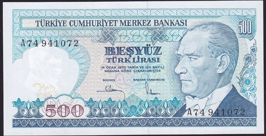 7.Emisyon 1.Tertip 500 Lira A74 941072 Çil