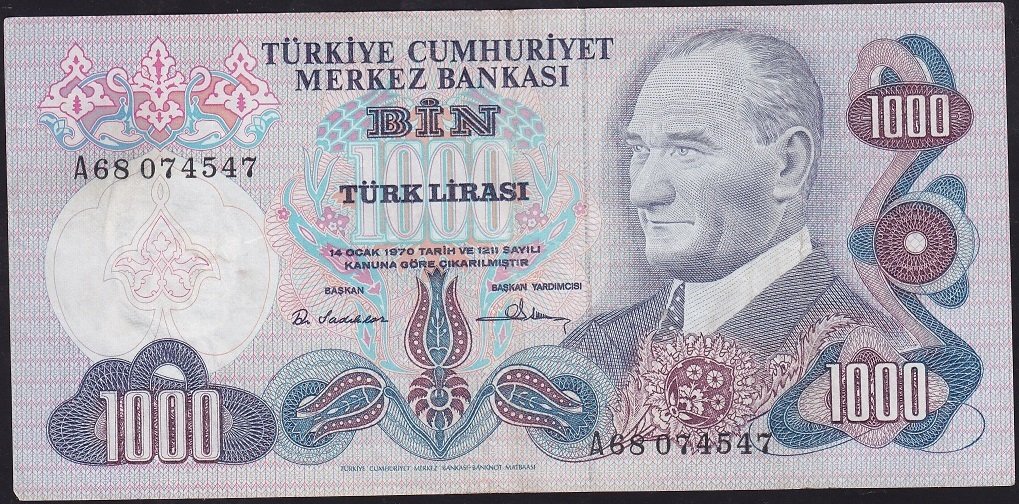 6.Emisyon 1.Tertip 1000 Lira A68 074547 Çok Temiz+
