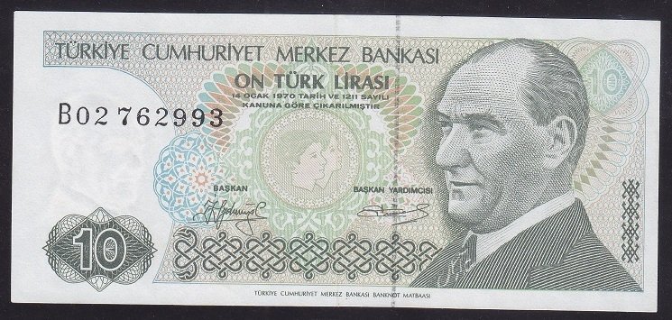7.EMİSYON 1.TERTİP 10 LİRA B02 762993 ÇÇT + KISA KAŞ değerli eski paralar