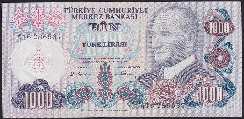 6.EMİSYON 1.TERTİP 1000 LİRA A16 286537 ÇOK TEMİZ +