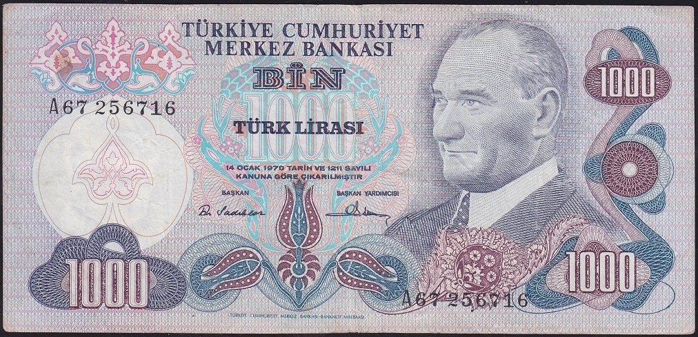 6.Emisyon 1.Tertip 1000 Lira A67 256716 Çok Temiz