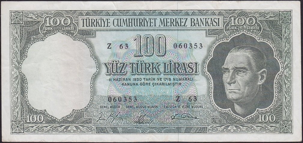 5.Emisyon 5.tertip 100 lira Z63 060353 Çok Temiz +
