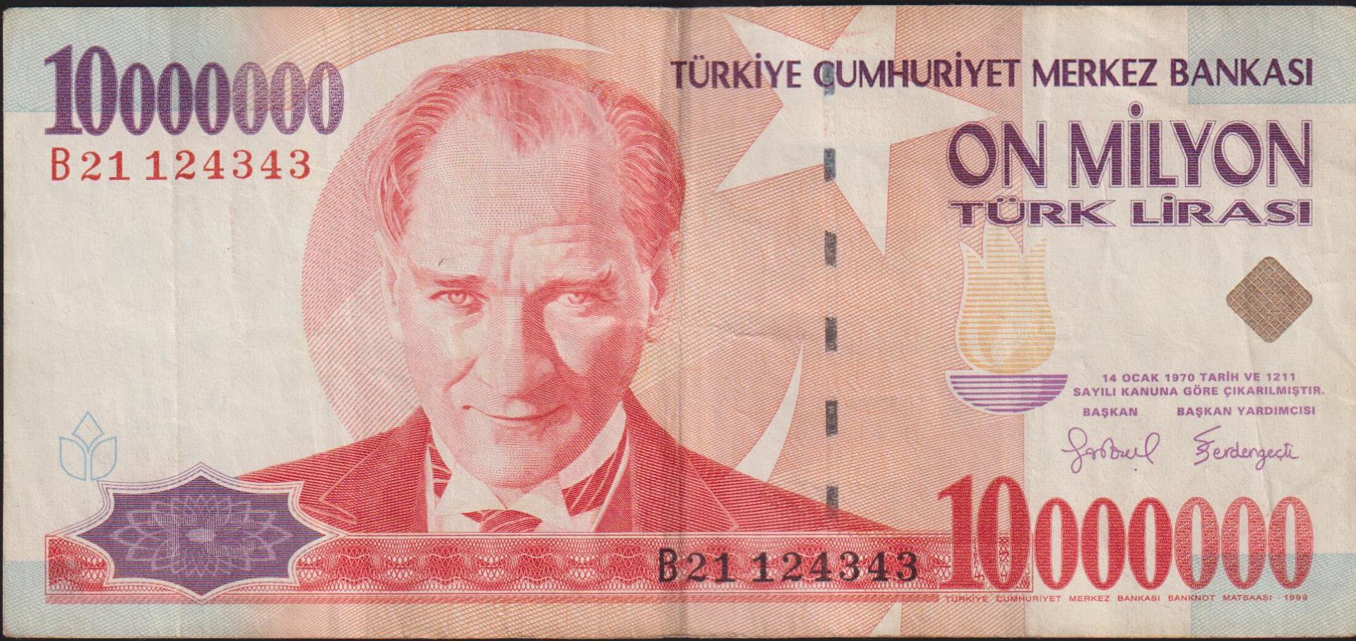 7.Emisyon 10 000 000 Lira B21 124343 Çok Temiz+