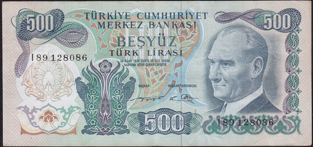 6.Emisyon 2.Tertip 500 Lira I89 128086 Çok Temiz+