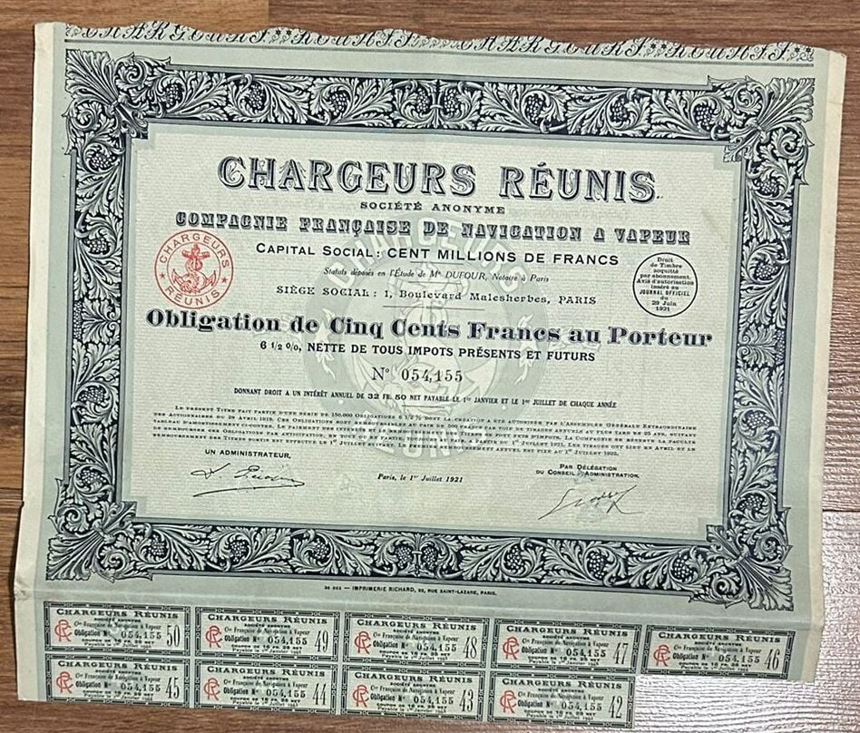 Hisse Senedi - Chargeurs Reunis 1921 ( 30 X 32,5 cm )