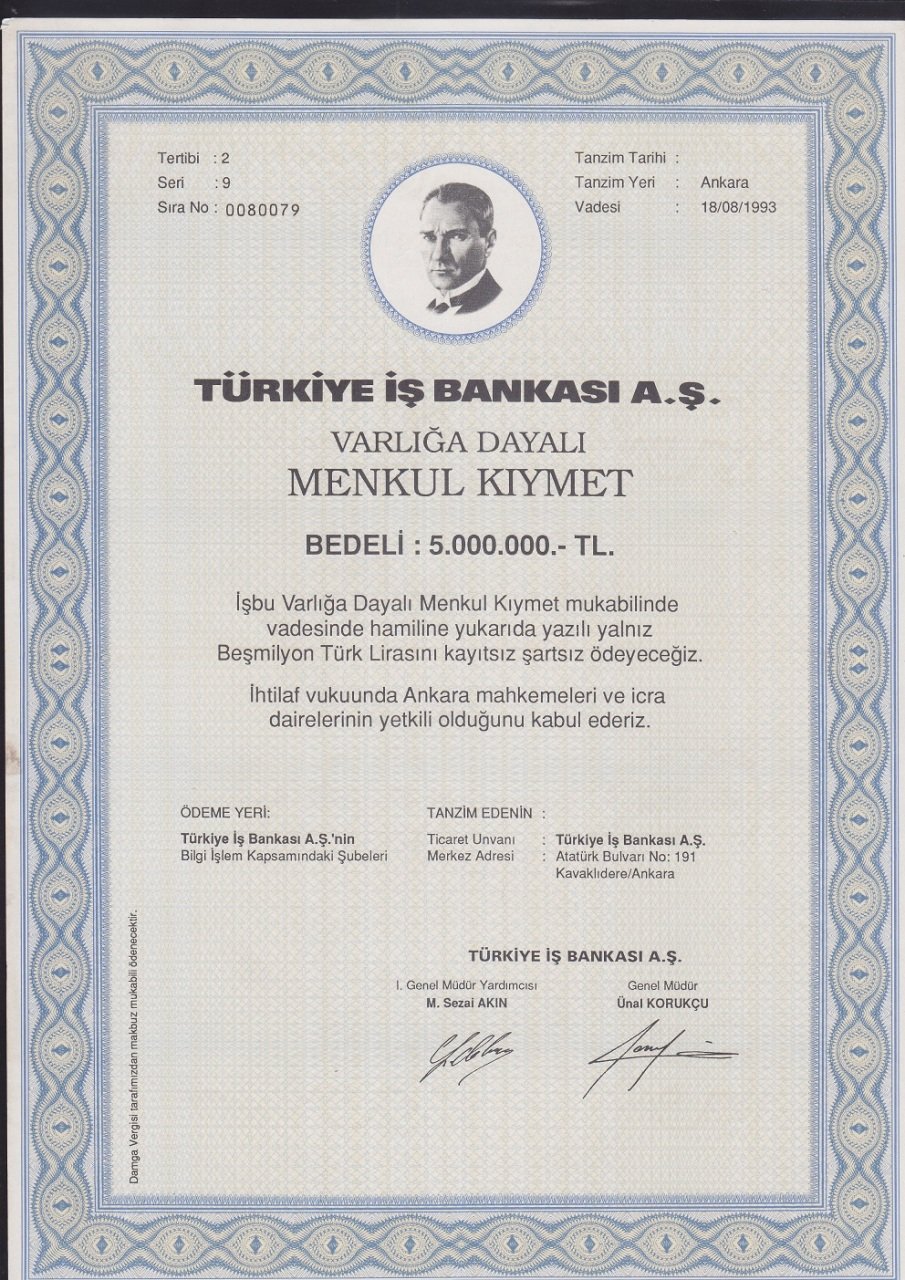 TÜRKİYE İŞ BANKASI MENKUL KIYMET 5 000 000 LİRA