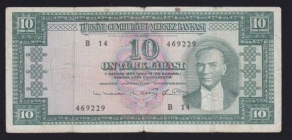 5.EMİSYON 6.TERTİP 10 LİRA B14 469229 TEMİZ (DÜZLENMİŞ) eski kağıt para değerleri