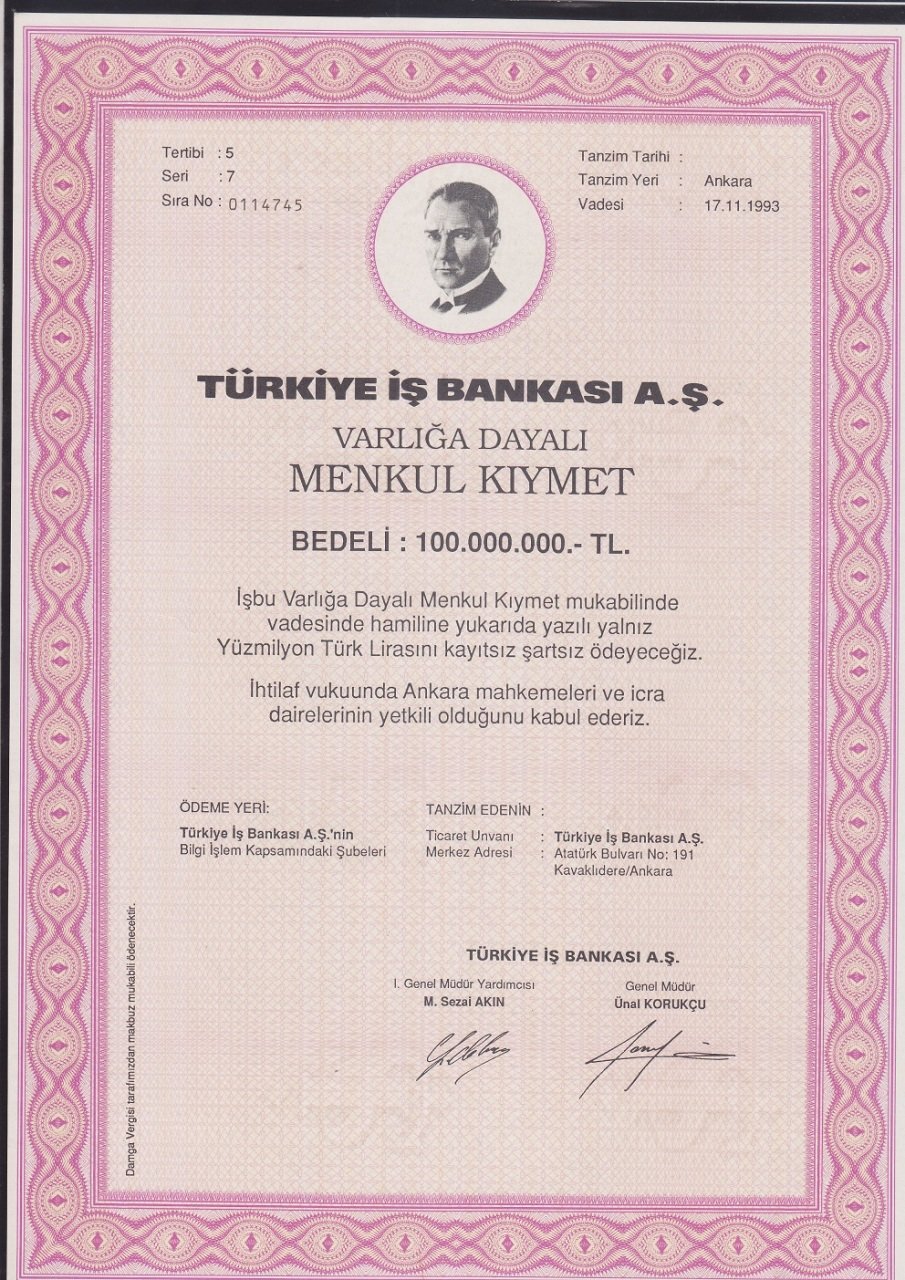 TÜRKİYE İŞ BANKASI MENKUL KIYMET 100 000 000 LİRA