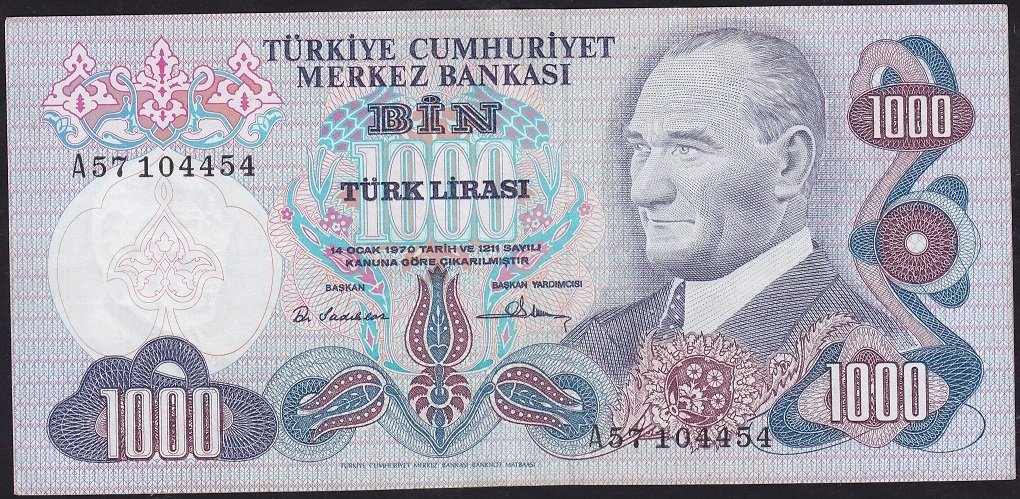 6.Emisyon 1.Tertip 1000 Lira A57 104454 Çok Temiz+