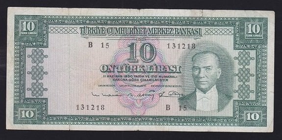5.EMİSYON 6.TERTİP 10 LİRA B15 131218 ÇOK TEMİZ (DÜZLEME VAR) eski kağıt para değerleri