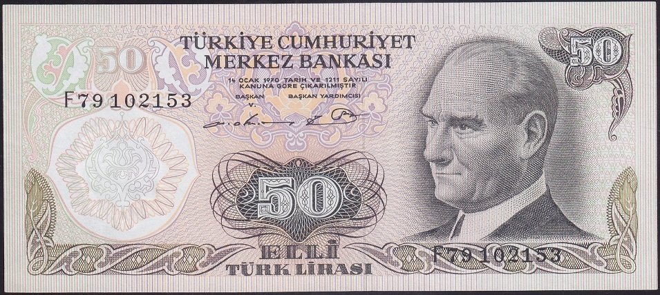6.Emisyon 1.Tertip 50 Lira F79 102153 Çilaltı
