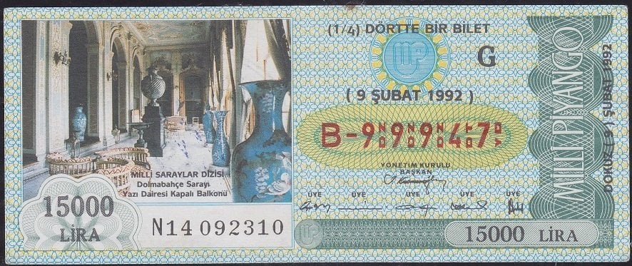 1992 9 Şubat Çeyrek Bilet - G Serisi - B-99947