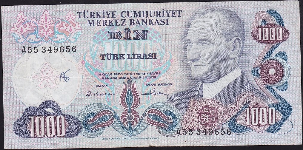 6.Emisyon 1.Tertip 1000 Lira A55 349656 Çok Temiz