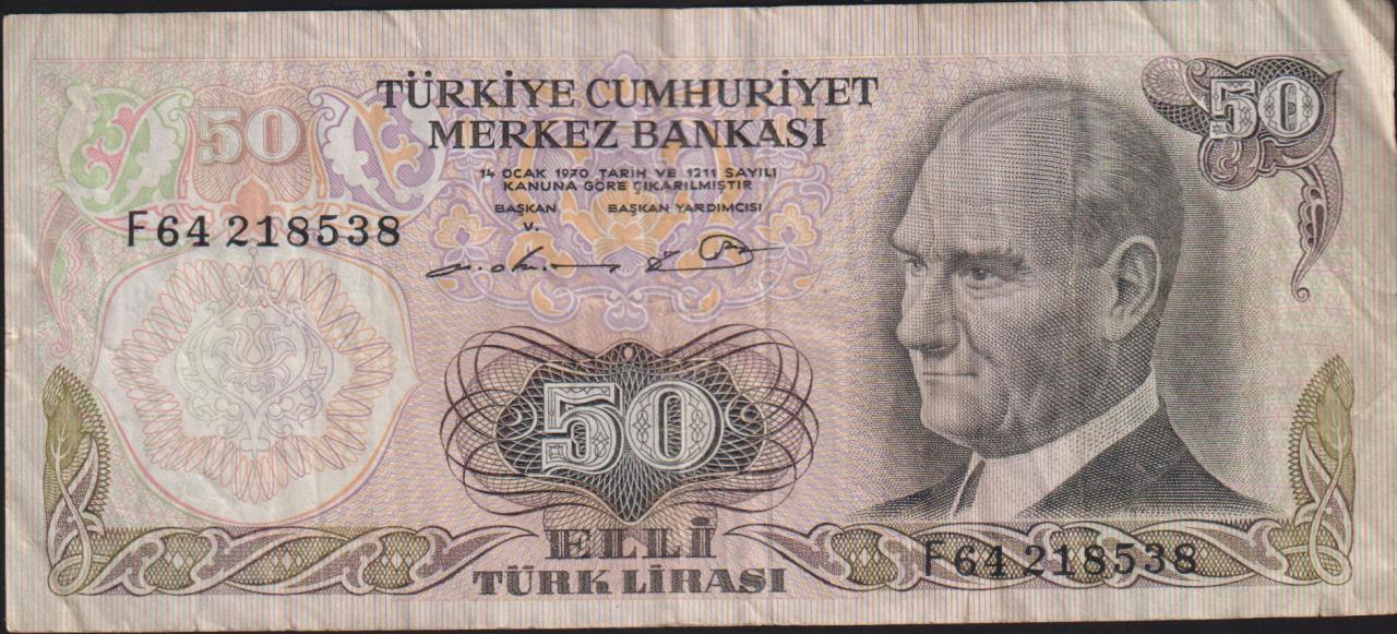 6.Emisyon 1.Tertip 50 Lira F64 218538 Çok Temiz