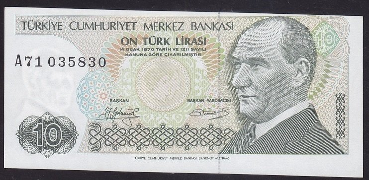 7.Emisyon 1.Tertip 10 Lira A71 035830 Çilaltı Kısa Kaş Kayık Baskı