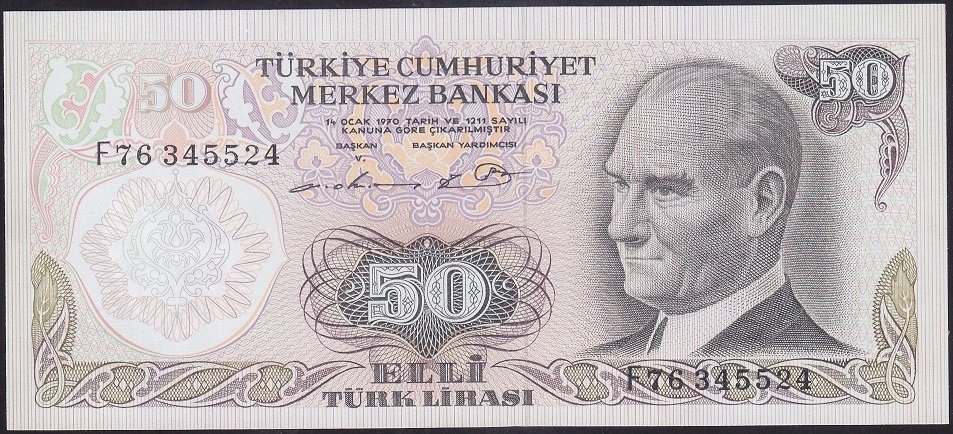 6.EMİSYON 1.TERTİP 50 LİRA F76 345524 ÇİLALTI