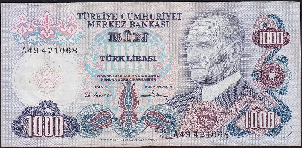 6.Emisyon 1.Tertip 1000 Lira A49 421068 Çok Temiz+