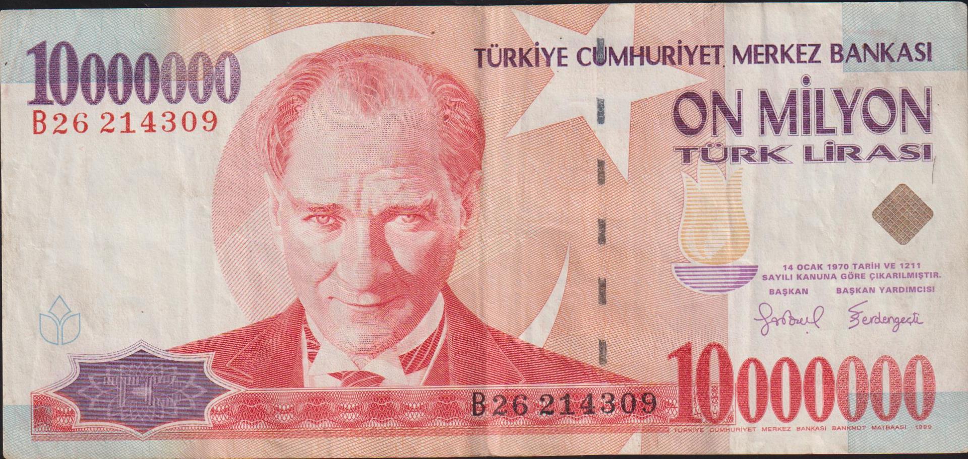 7.Emisyon 10 000 000 Lira B26 214309 Çok Temiz+